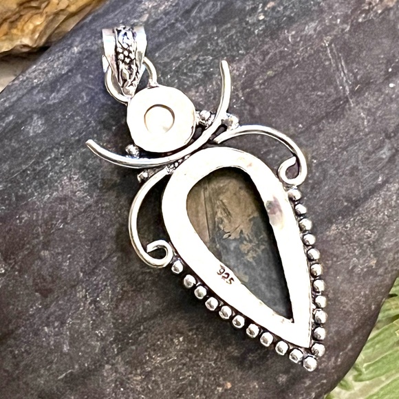 Apache Pyrite & Natural Pearl Sterling Silver Gemstone 2.5” Pendant - Picture 6 of 6